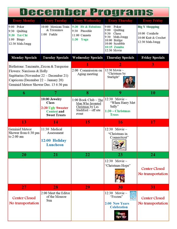 December Senior Center Calendar